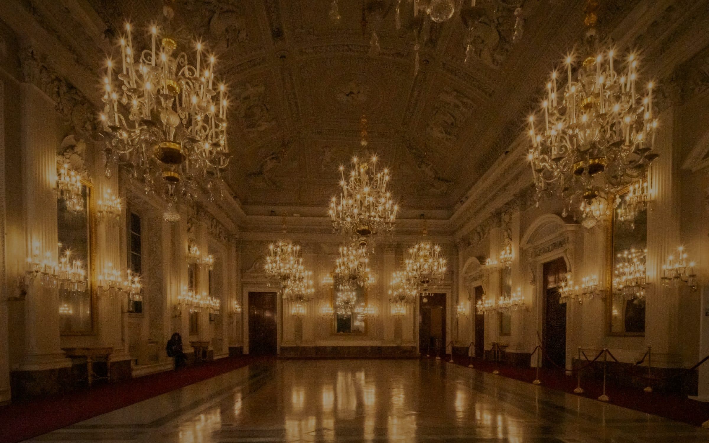 The Main Ballroom, chandelier-lit, with a polished competition floor